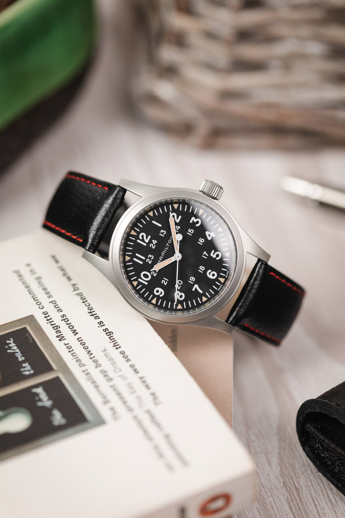black leather watch strap red stitching 