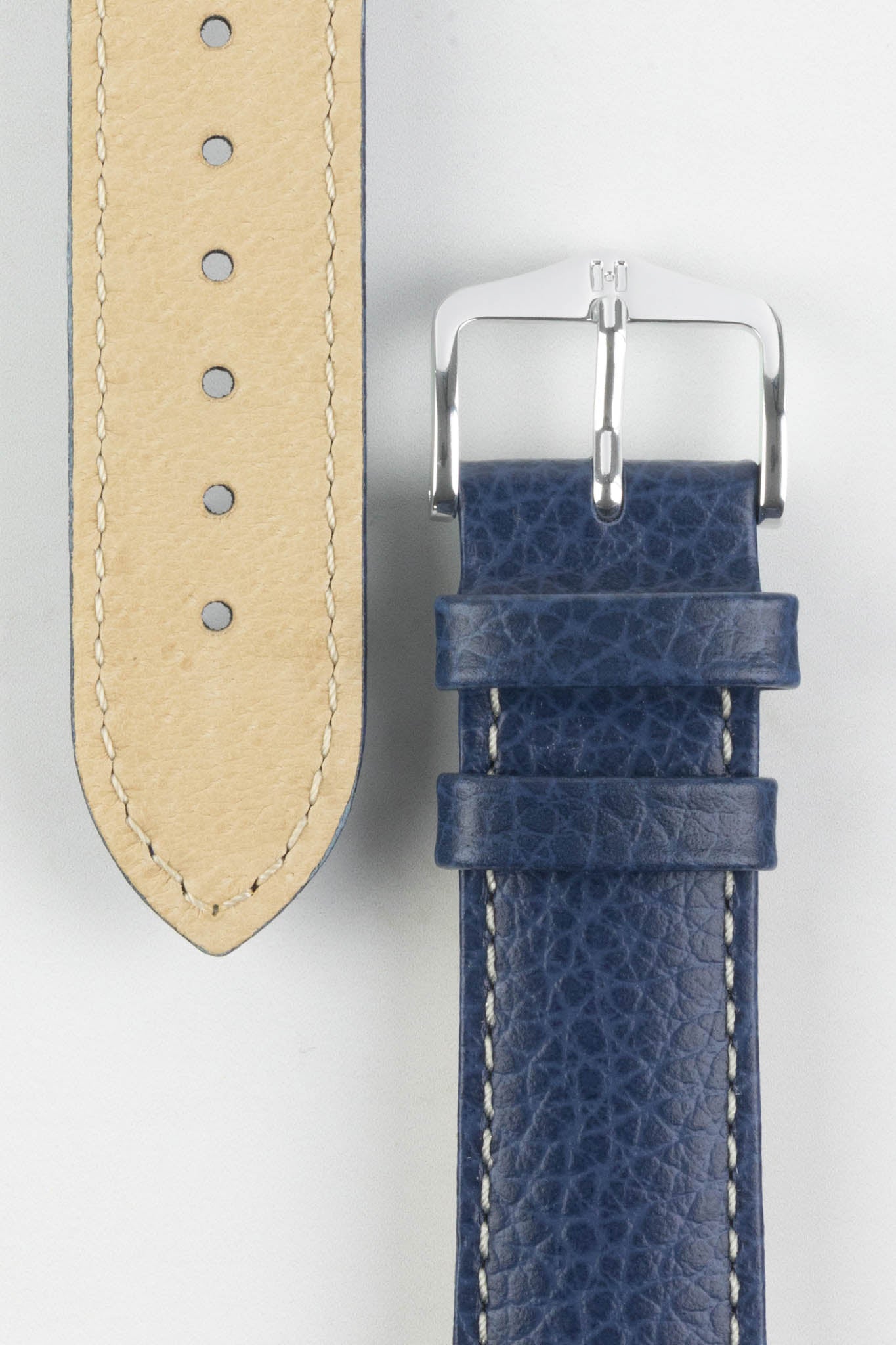 Hirsch KANSAS Buffalo-Embossed Calf Leather Watch Strap in BLUE with White Stitch