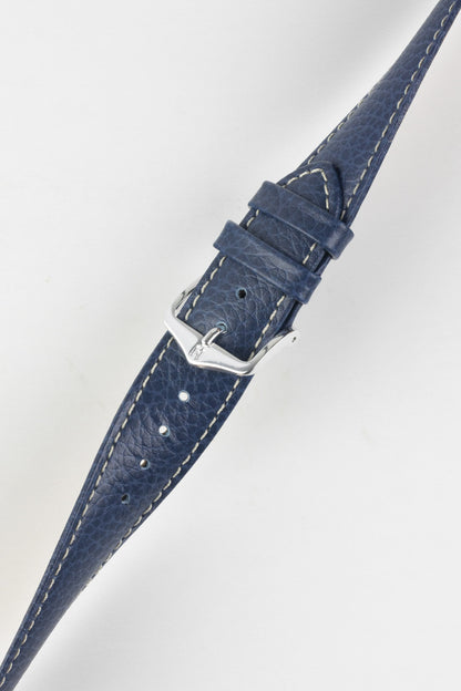 Hirsch KANSAS Buffalo-Embossed Calf Leather Watch Strap in BLUE with White Stitch