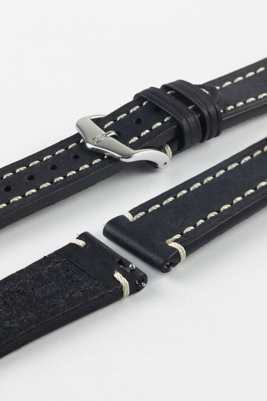 thick black leather watch strap