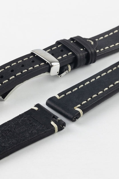 thick black leather watch strap