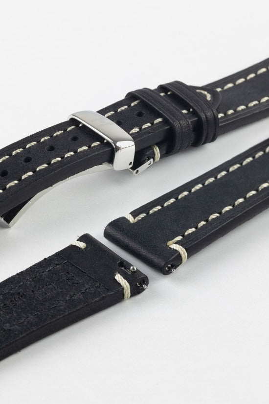 thick black leather watch strap