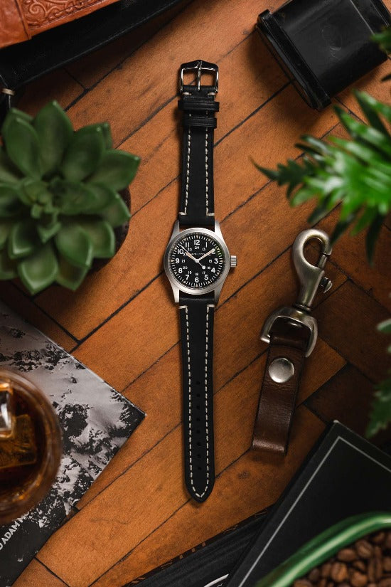 thick black leather watch strap