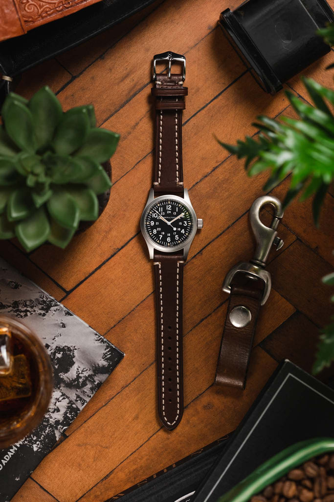 thick brown leather watch strap