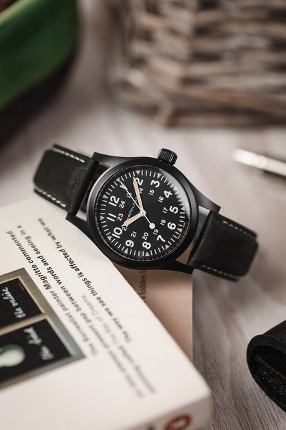 Hirsch MARINER Water-Resistant Leather Watch Strap in BLACK
