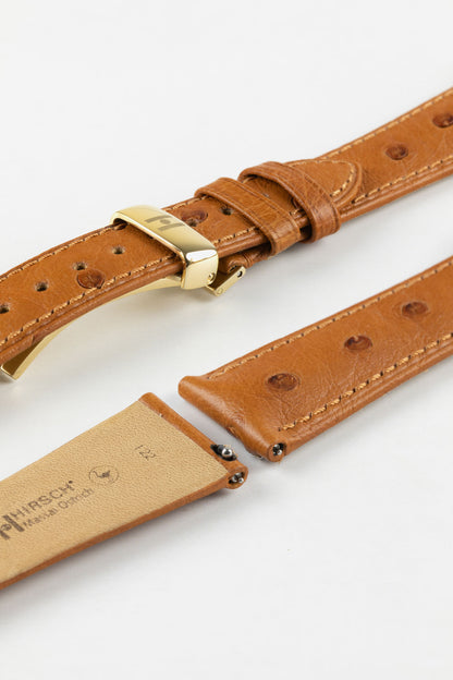 Hirsch MASSAI OSTRICH Leather Watch Strap in GOLD BROWN