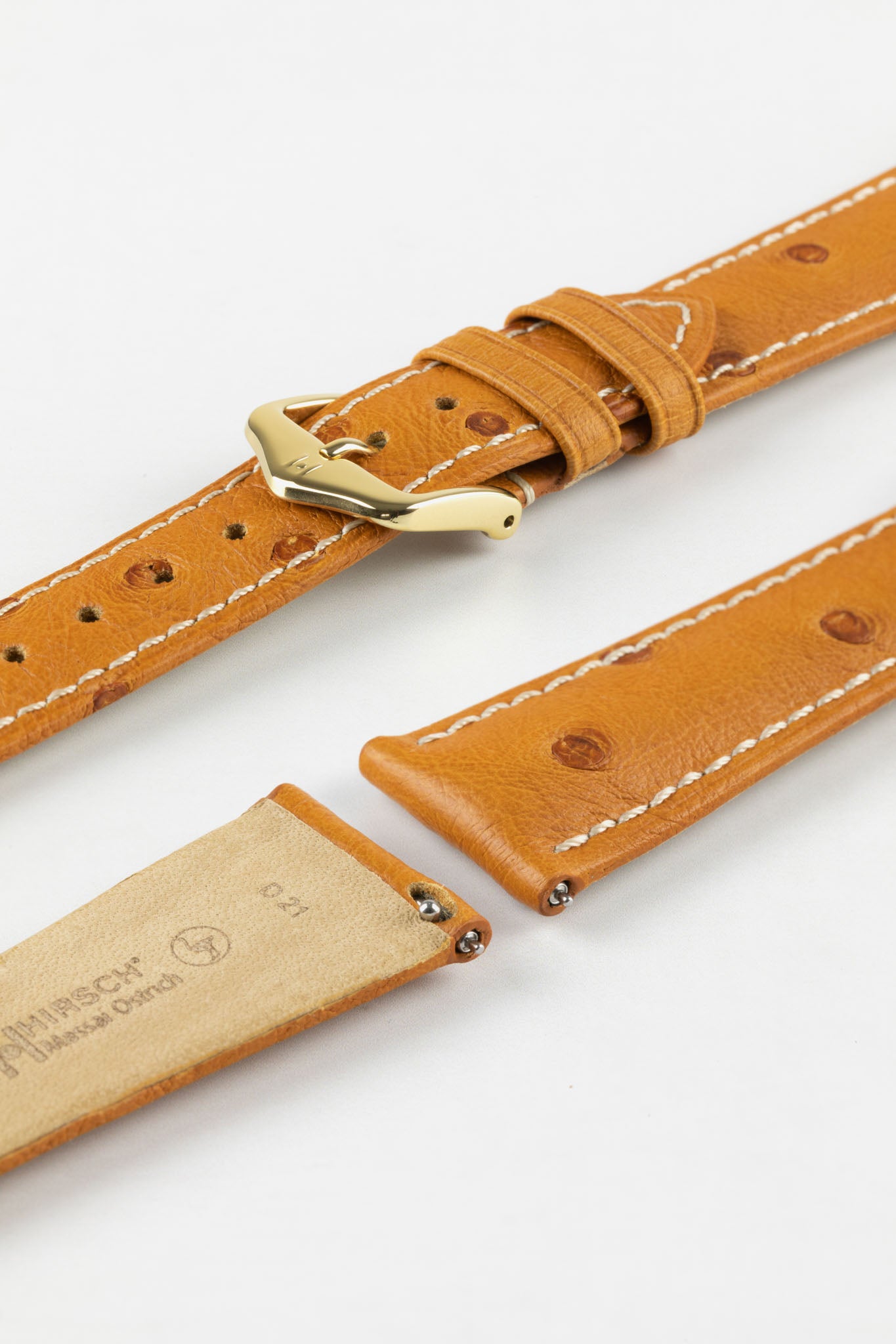 Hirsch MASSAI OSTRICH Leather Watch Strap in HONEY With WHITE Stitching