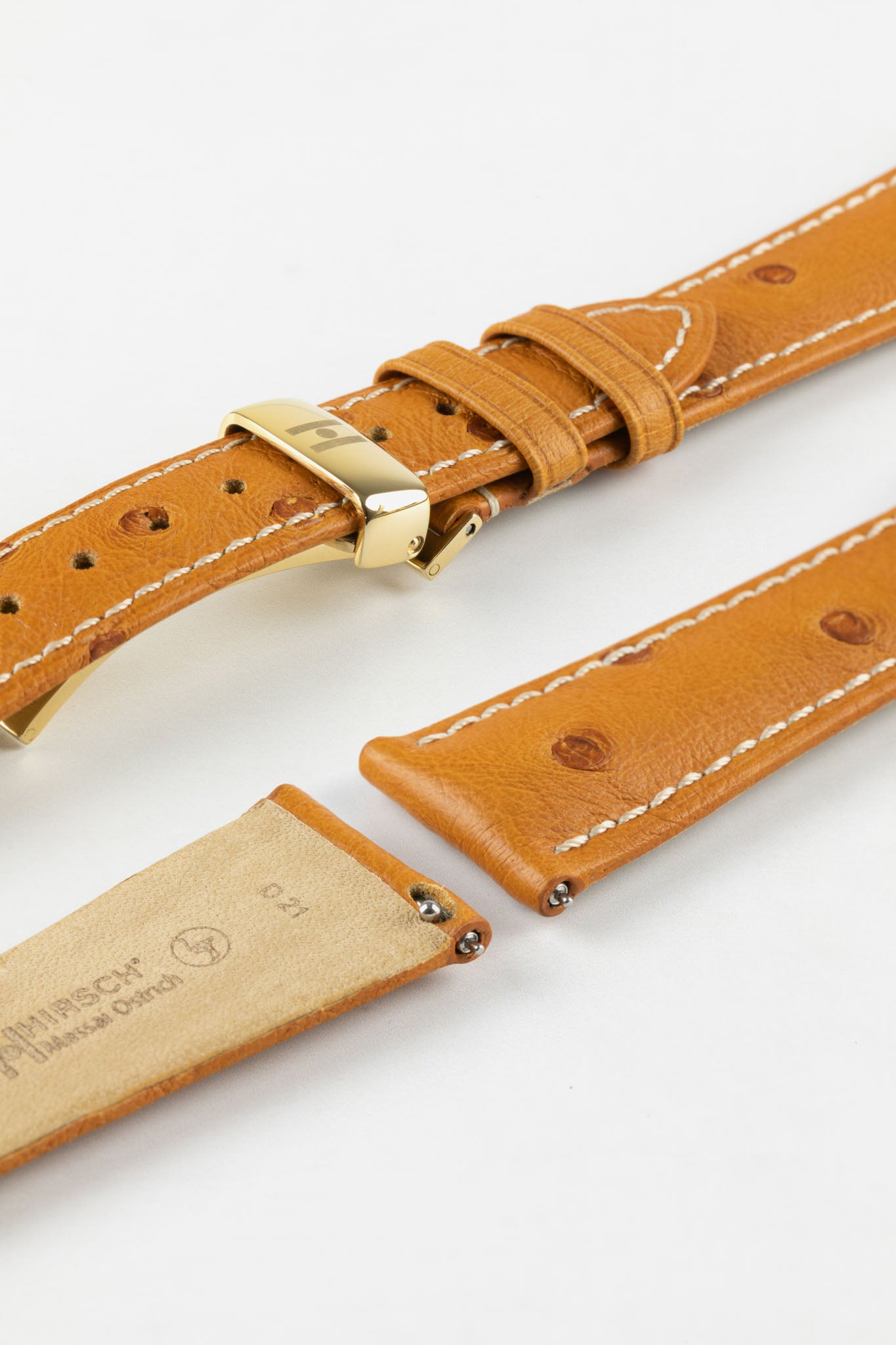 Hirsch MASSAI OSTRICH Leather Watch Strap in HONEY With WHITE Stitching