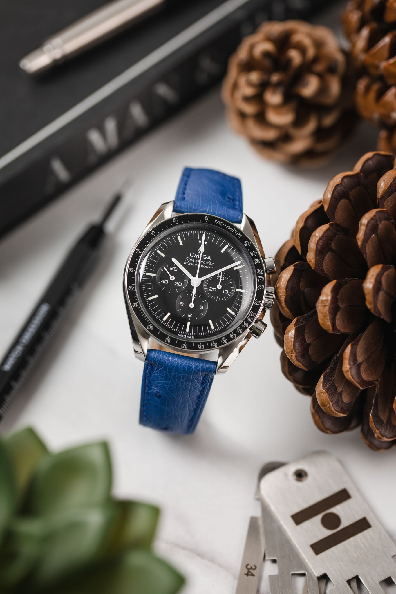 Hirsch MASSAI OSTRICH Leather Watch Strap in ROYAL BLUE