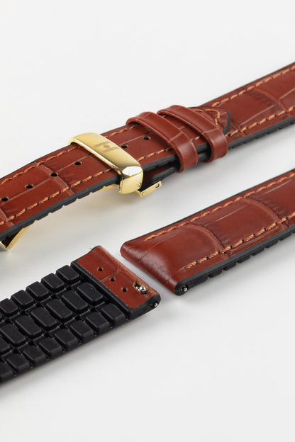 Hirsch PAUL Alligator Embossed Performance Watch Strap in GOLD BROWN