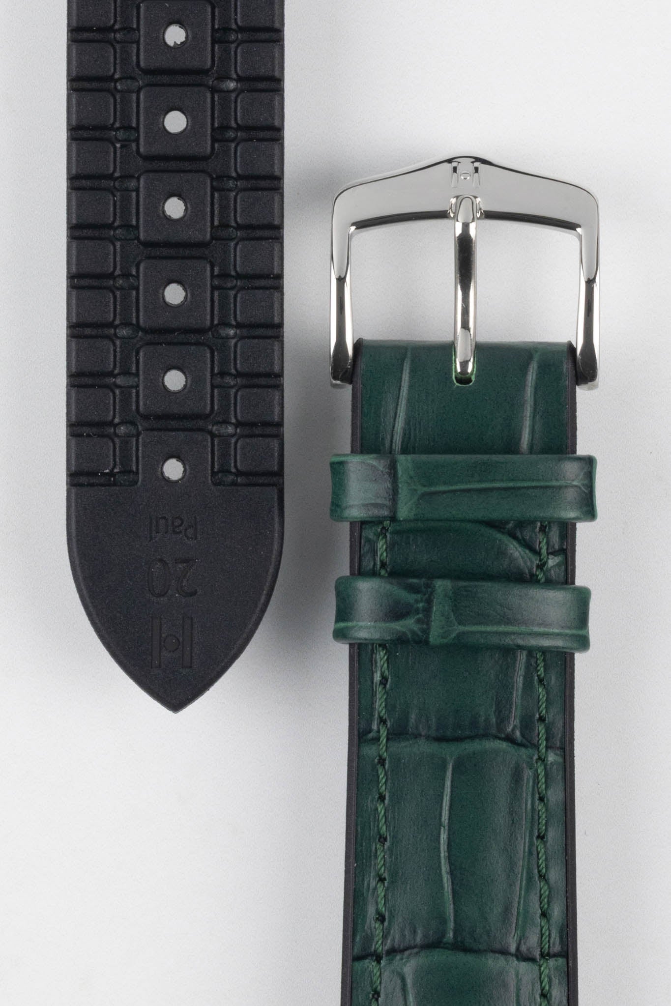 Black Rubber underlayer and green alligator embossed upper with steel hirsch embossed buckle