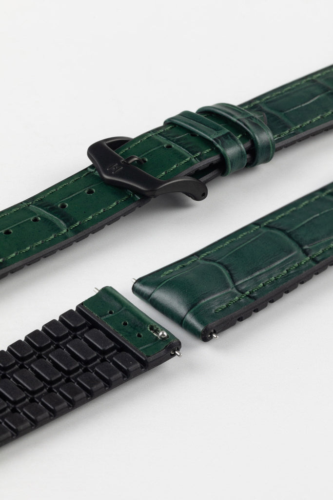 Hirsch Paul alligator embossed in Green with Black Buckle fitted featuring the natural rubber underlayer and quick release spring bar mechanism