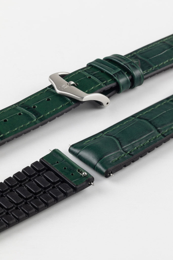 Hirsch Paul alligator embossed in Green with Hirsch logo embossed polished and brushed steel buckle fitted featuring the natural rubber underlayer and quick release spring bar mechanism
