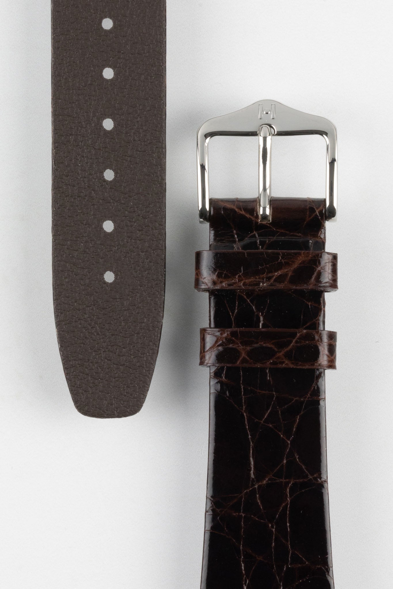 Hirsch PRESTIGE Shiny Genuine Crocodile Leather Watch Strap in BROWN