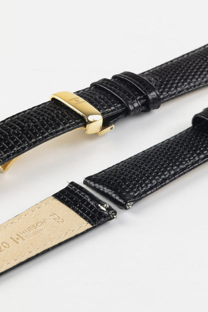 Hirsch Rainbow Lizard Embossed Quick-Release Leather Watch Strap in Black