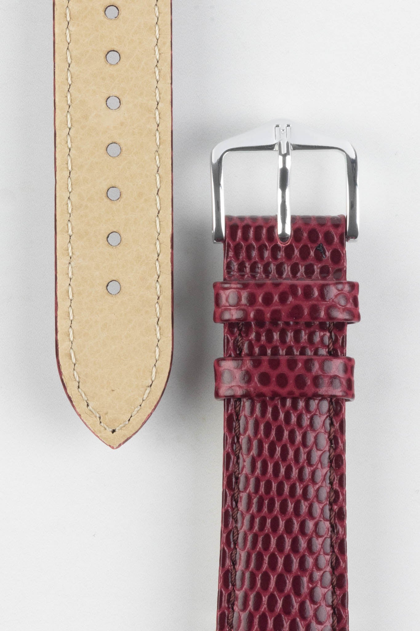 Hirsch RAINBOW Lizard Embossed Leather Watch Strap in BURGUNDY