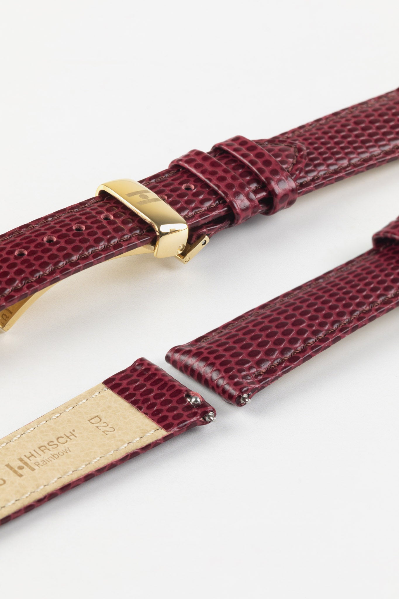 Hirsch RAINBOW Lizard Embossed Leather Watch Strap in BURGUNDY