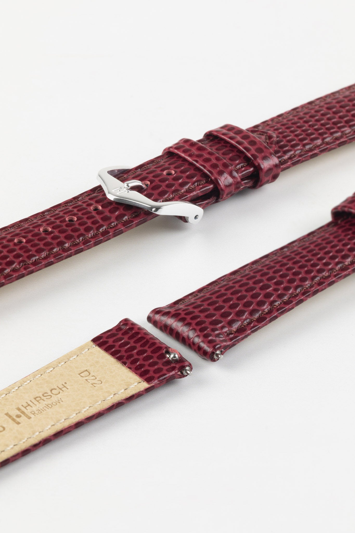 Hirsch RAINBOW Lizard Embossed Leather Watch Strap in BURGUNDY