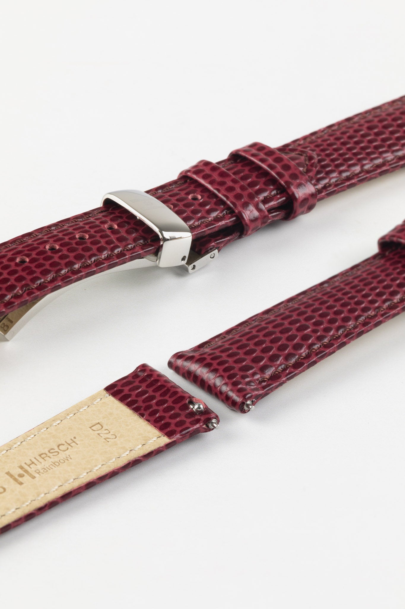 Hirsch RAINBOW Lizard Embossed Leather Watch Strap in BURGUNDY