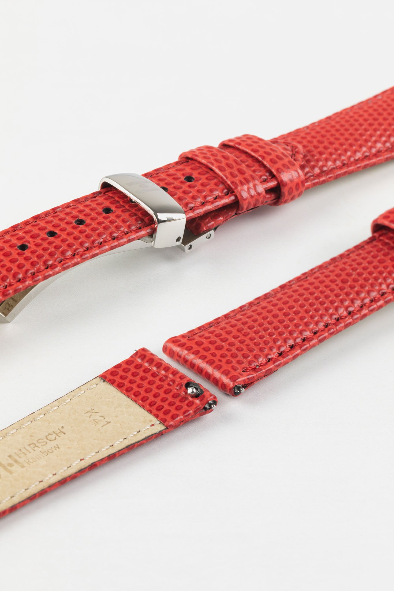 Hirsch RAINBOW Lizard Embossed Leather Watch Strap in RED