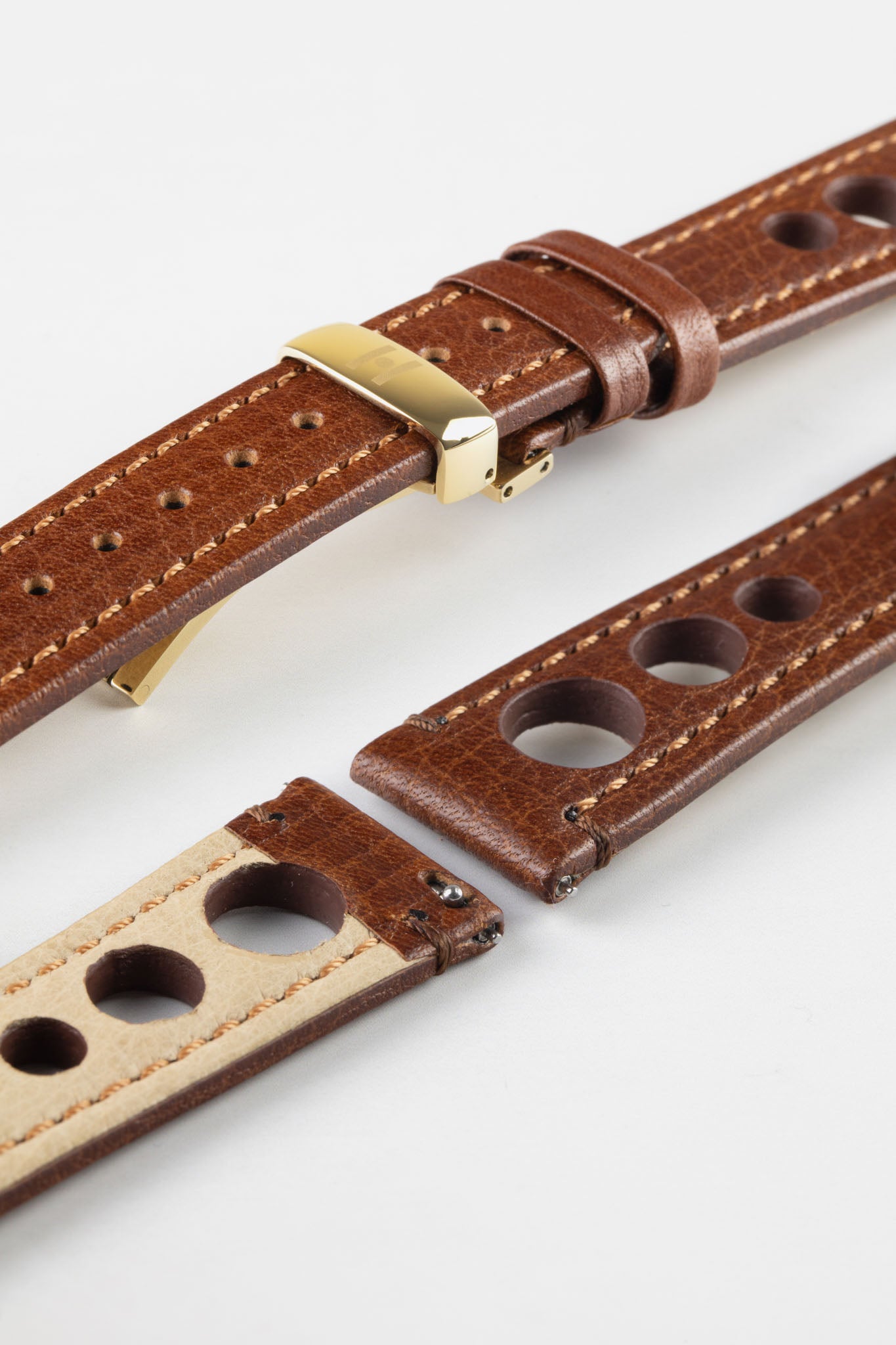 Hirsch RALLY Natural Leather Racing Watch Strap in GOLD BROWN