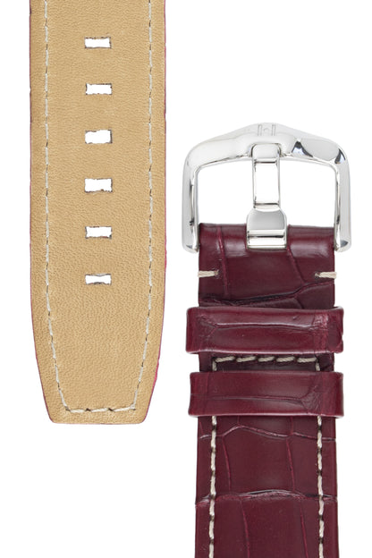 Hirsch TRITONE Padded Alligator Leather Watch Strap in BURGUNDY With WHITE Stitching