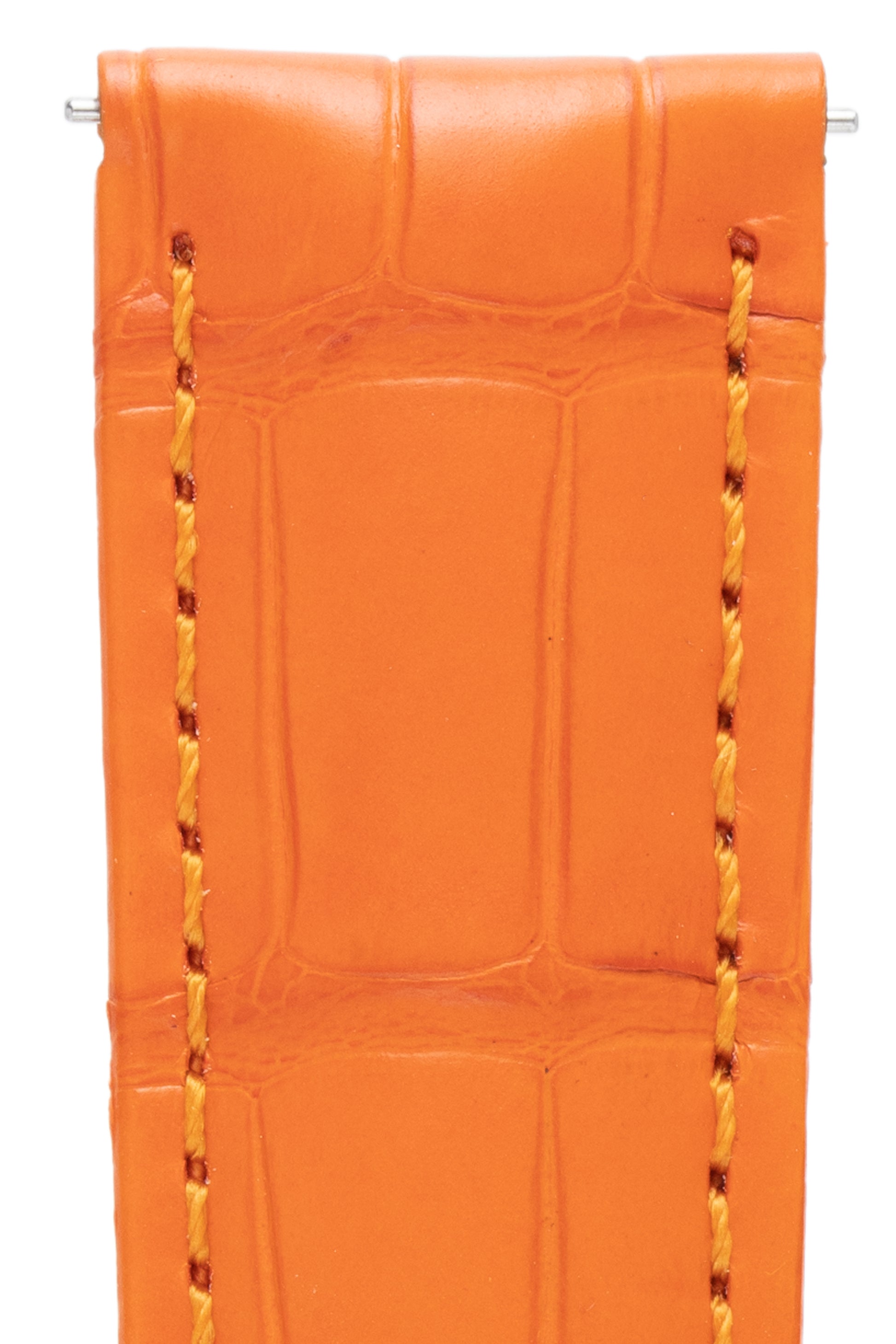 close-up of mens orange alligator watch strap